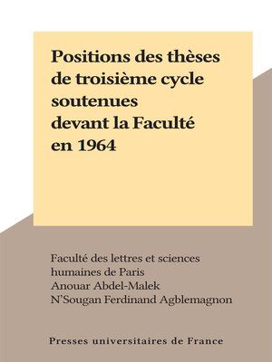 cover image of Positions des thèses de troisième cycle soutenues devant la Faculté en 1964